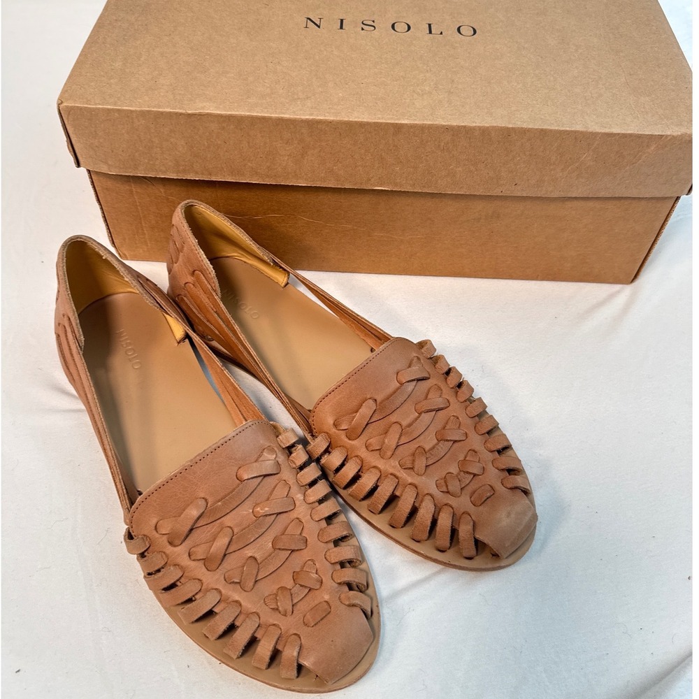 Nisolo Almond Leather Huarache Sandals Women Size 10 Woven Slip On Flats- NEW